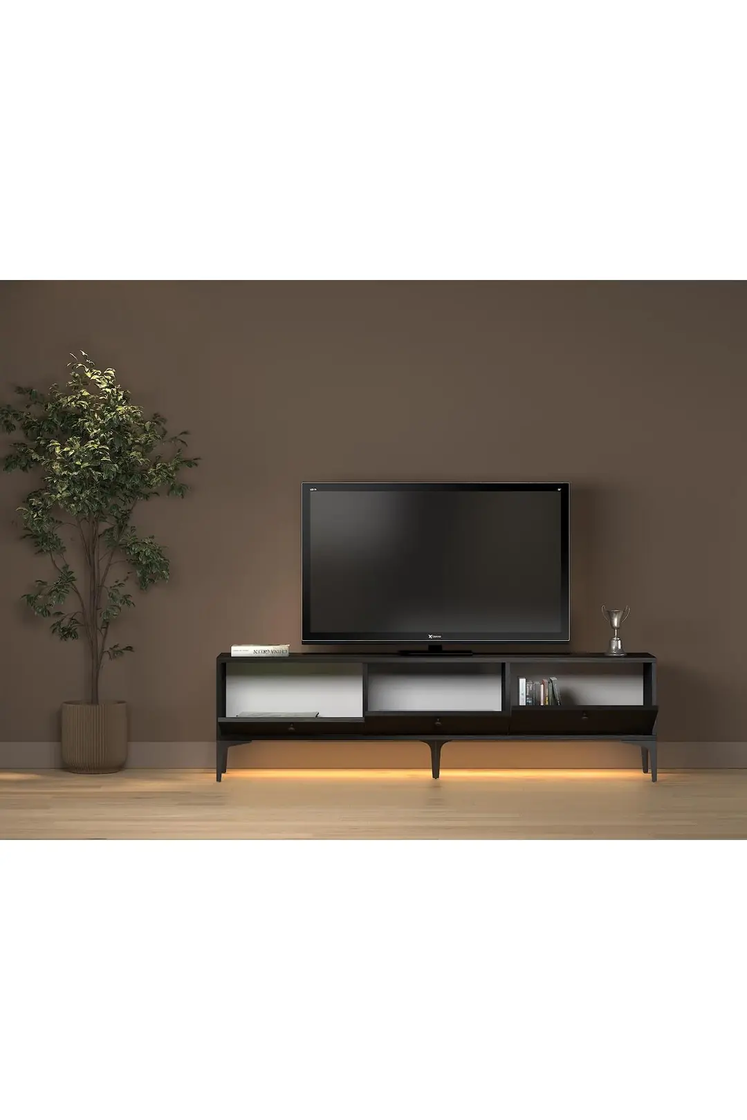 Paris Led Işıklı Dolaplı Minifiksli 160 Cm Tv Ünitesi - Tv Sehpası - Wood Siyah